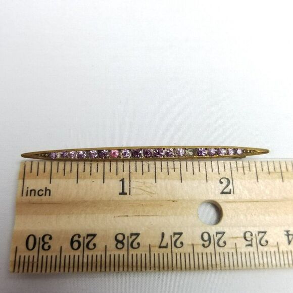 Vintage Skinny Pink Purple Rhinestone Bar Brooch, Gold Tone Setting, Estate - Picture 6 of 8
